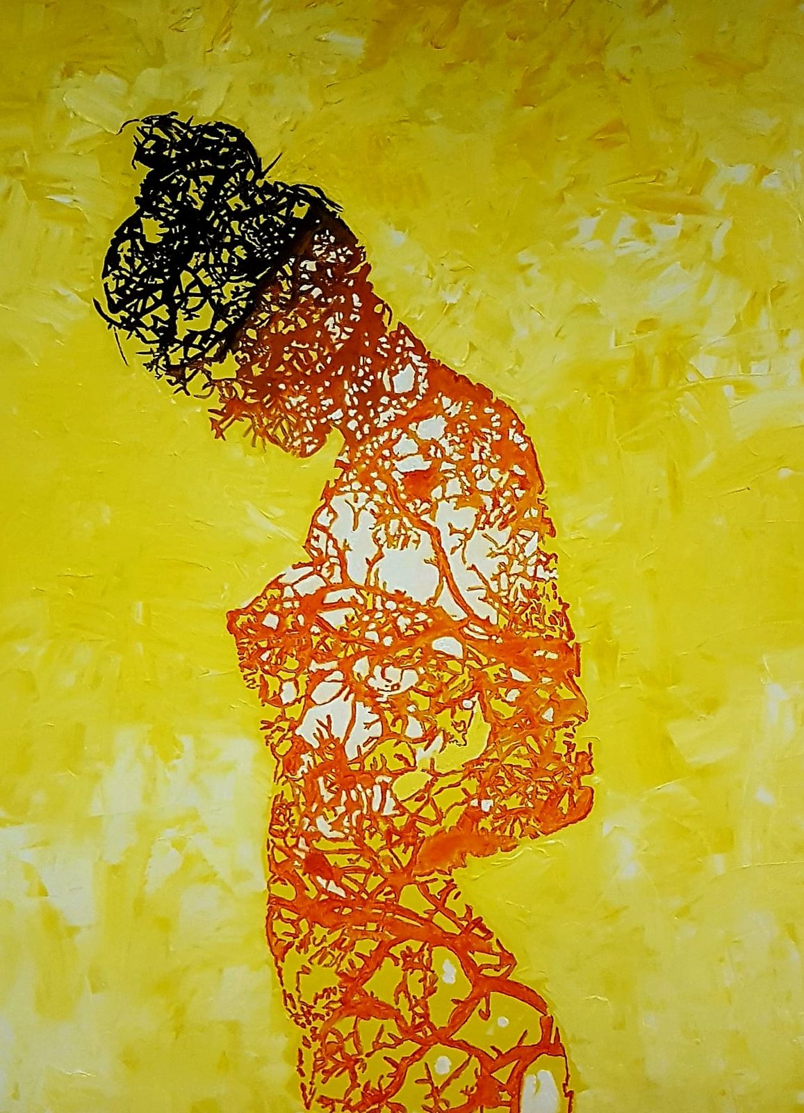 Line figure of a woman on yellow