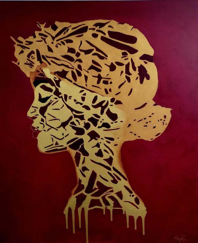 Esperanza – golden profile of a woman on a deep red ground