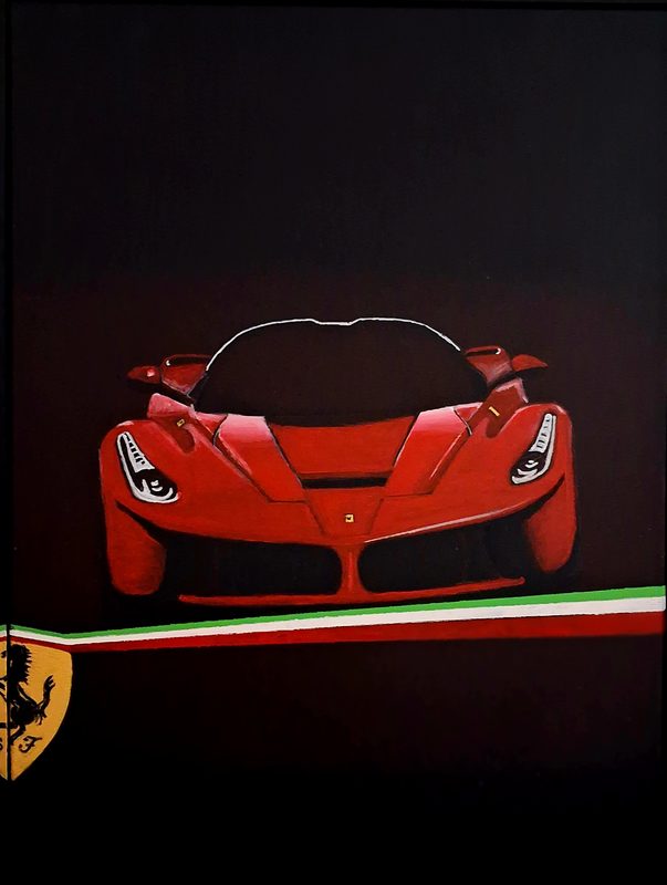 Ferrari – a red sports car on black with an Italian tricolour stripe