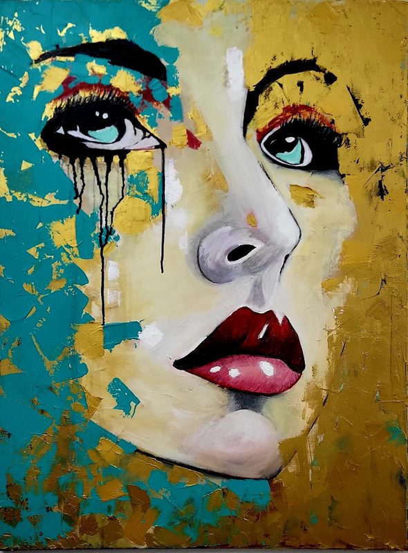 Lágrimas negras – a woman’s face in turquoise and gold with black tears
