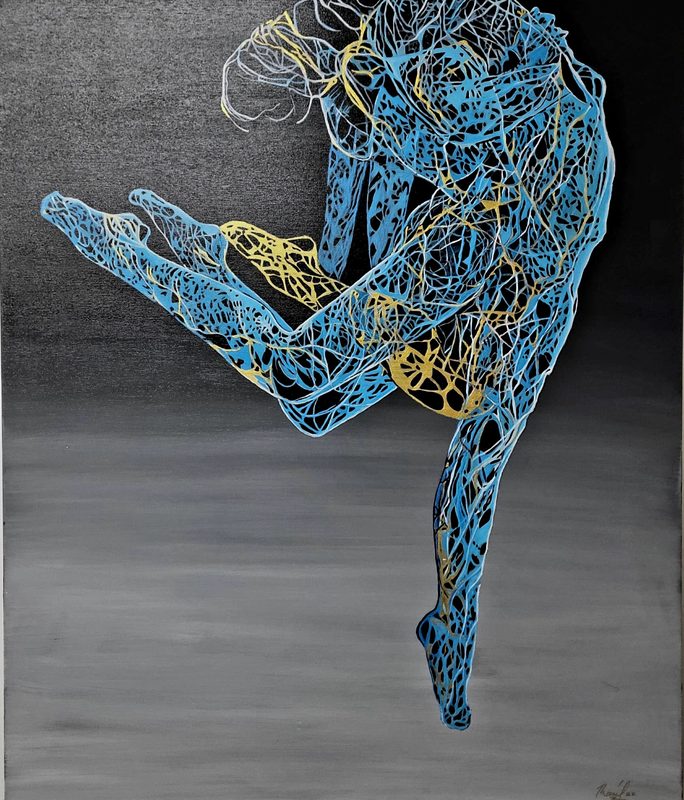 Movimiento – a blue and gold line figure leaping on grey