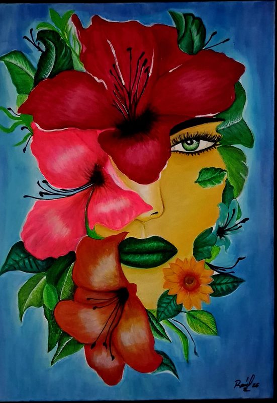 Natura – a woman’s face framed by red hibiscus flowers and leaves