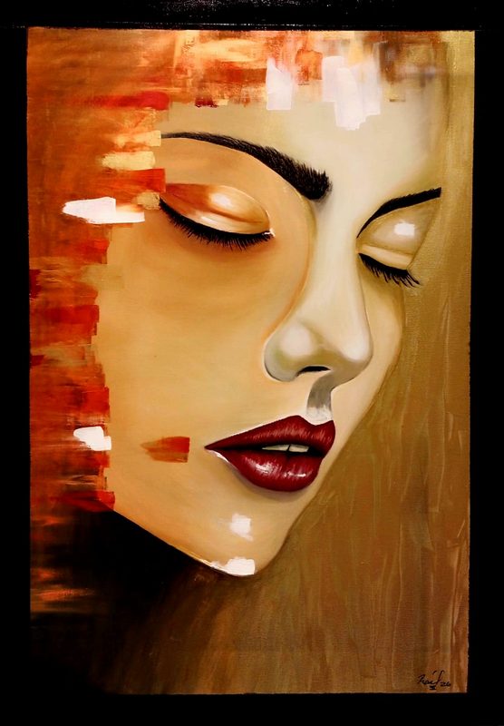Pensar – a serene face with closed eyes in warm copper tones