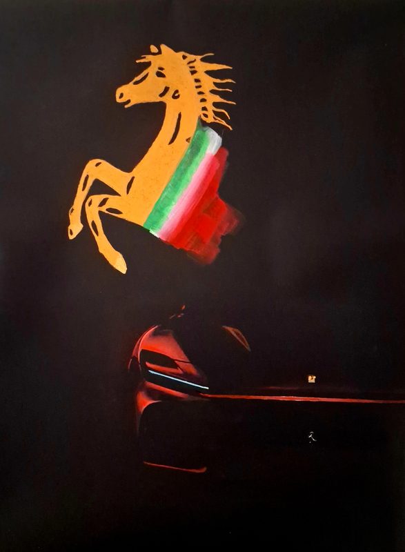 Pure Sangue – a golden prancing horse with a tricolour mane above a red car in shadow
